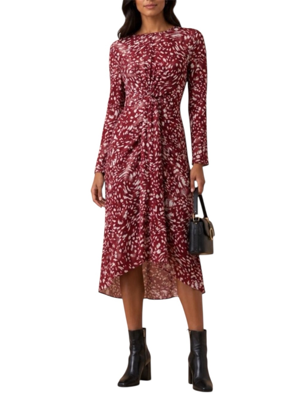 Maje Rivole Abstract Print Twist Front Midi Dress Burgundy White Long Sleeve
